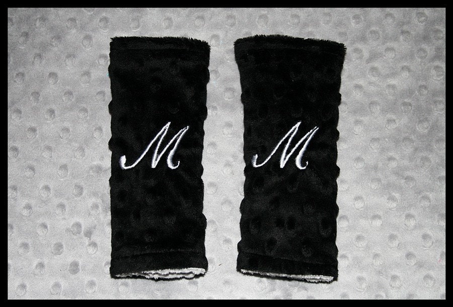Baby Boy Or Girl Gray And Black Double-Sided Monogrammed Minky Carseat Strap Covers With