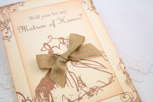 Will You Be My Matron of Honor Card - Vintage Wedding Dress - You Choose Ribbon Color