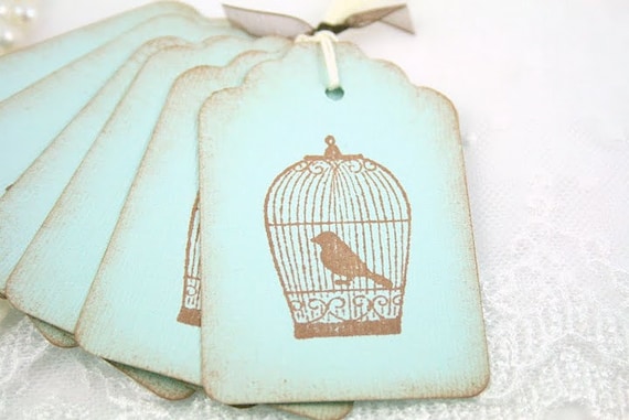 Birdcage Tags Gift Tags Favor Tags Bird silhouette in Blue
