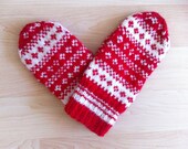 Hand-knit Scandinavian red and white mittens -- original design
