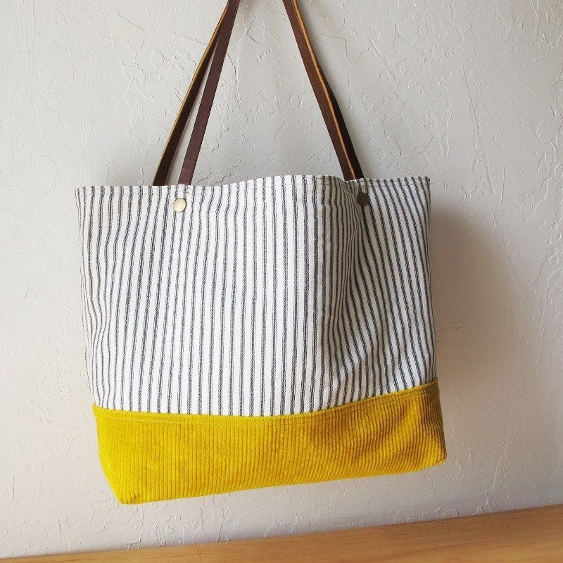 2-Tone Tote in Golden Yellow and Indigo Stripe