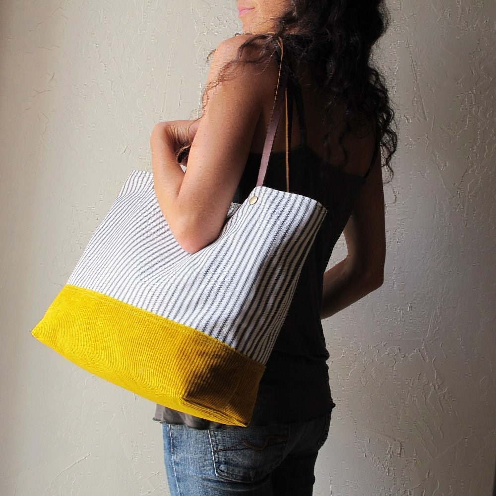 2-Tone Tote in Golden Yellow and Indigo Stripe