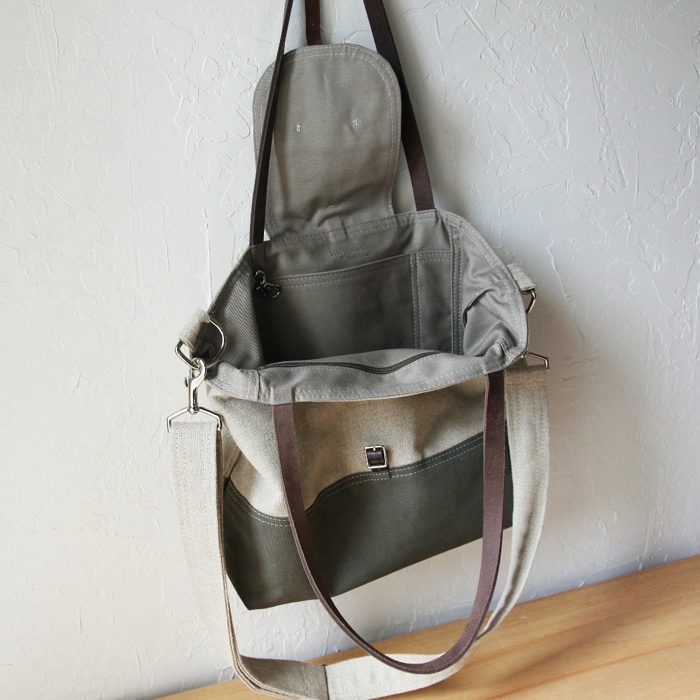 2-Tone Tote in Hemp and Dark Olive with detachable shoulder strap