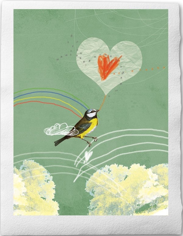 The Bird of Valentine,  Fine Art Collage Illustration Print on handmade watercolor paper, 8x12, Vintage Bird talkes about love and hearts