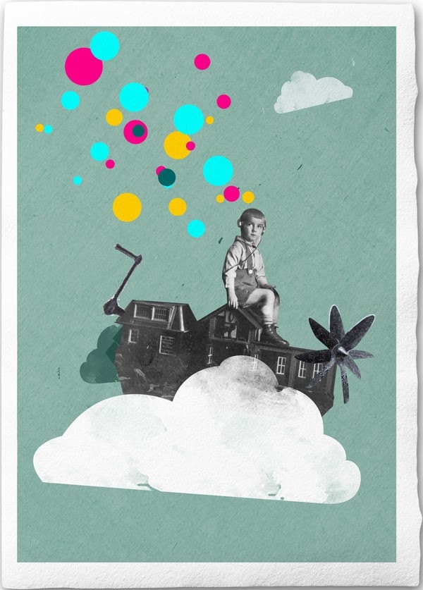 My happy place, Fine Art Collage Illustration Print, handmade watercolor paper, 8x12,