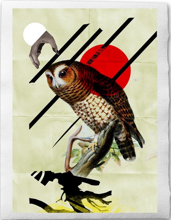 The owl, Fine Art Collage Illustration Print on handmade watercolor paper, 8x12 inch,