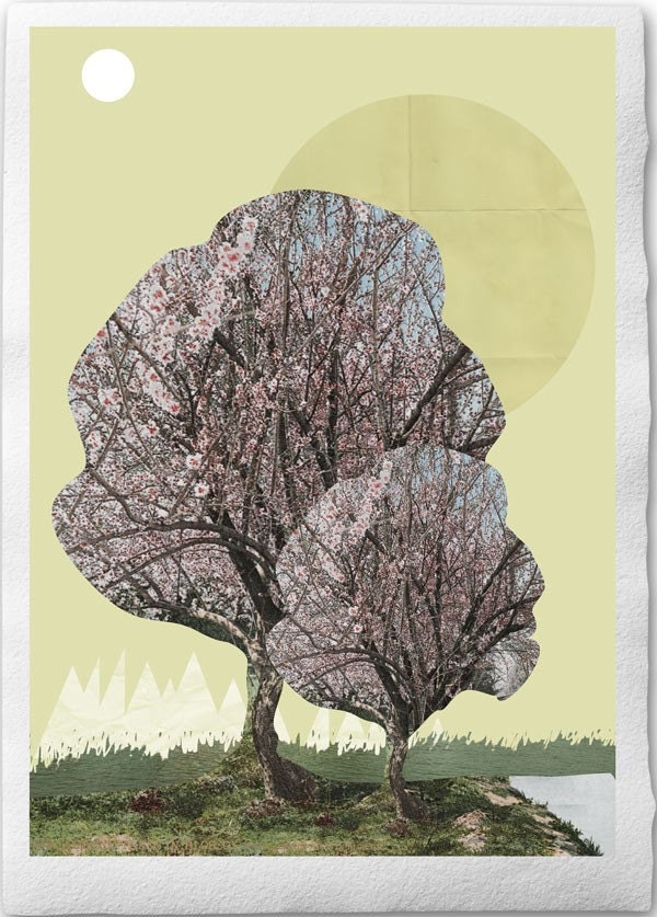 Oh. Look. A Landscape, Collage Art Print on Handmade Watercolor Paper, Cherry Blossom Tree by small river, Landscape