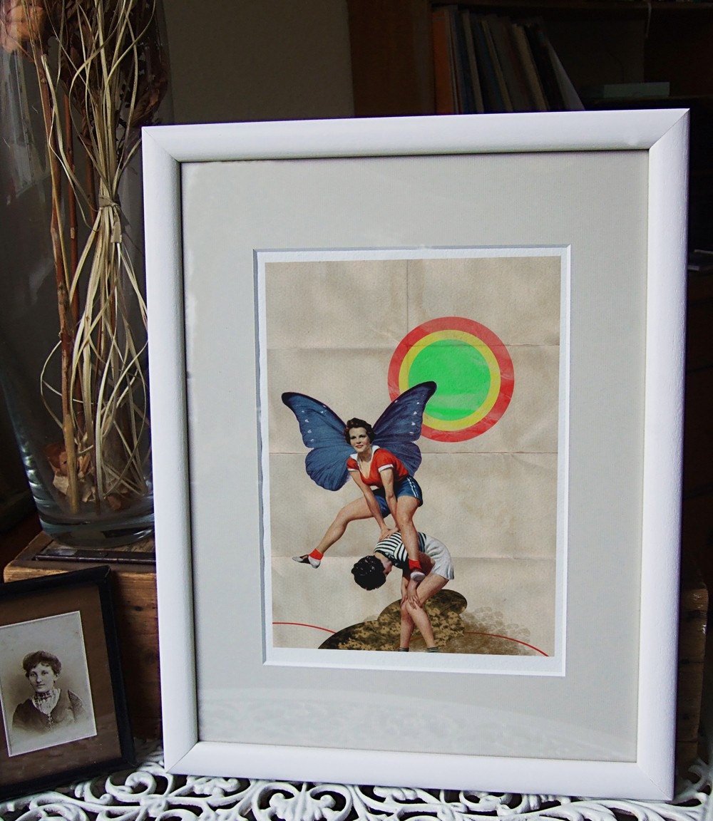 JUMP - Collage Illustration Print Handmade Watercolor Paper, 20x30cm-8x12 inch, Two friends enjoying their life