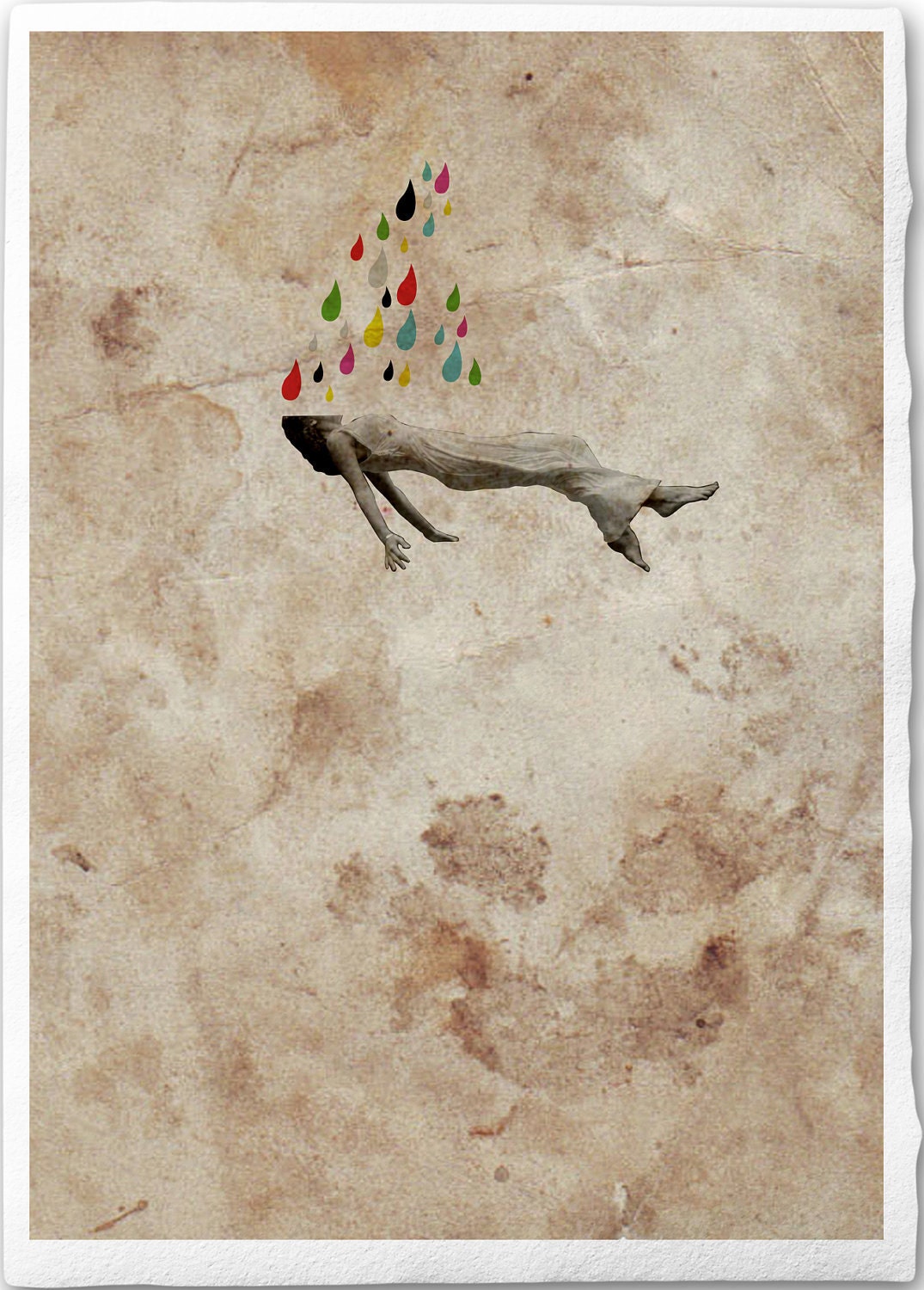 Queenie - Collage Illustration Art Print Handmade Paper 20x30cm-8x12 inch, Woman and colourful raindrops falling on book cover