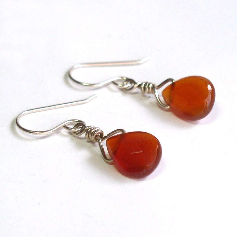 Orange Red Earrings: Faceted Red Agate Teardrop Earrings Dangle Sterling - NeboBeads