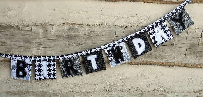 Happy Birthday banner, black and white, handmade