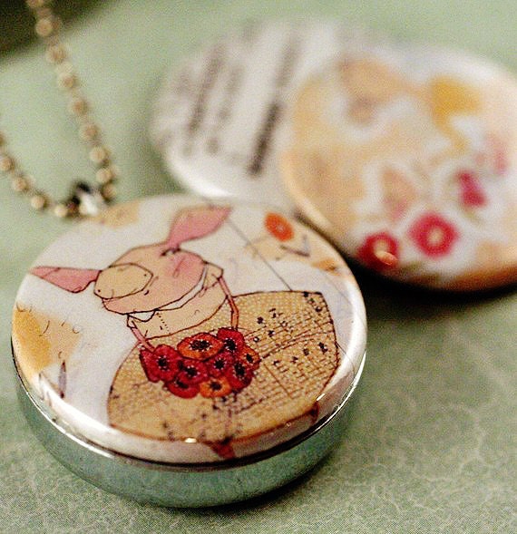 Art Locket -  Pink Pigs and Kindness - Eco Friendly - Interchangeable Locket Set by Corid and Polarity