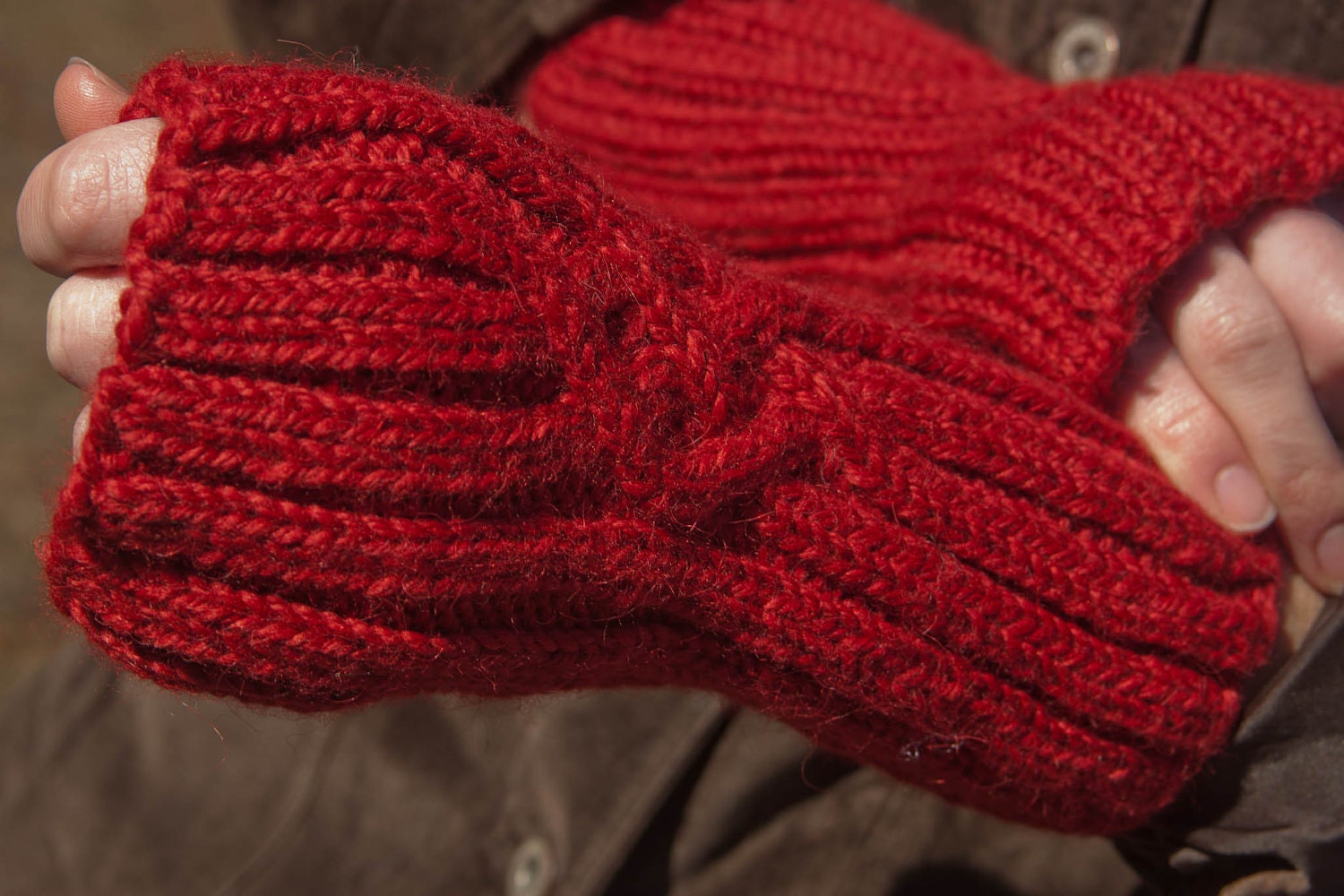 Red Celtic Knot Knit Fingerless Gloves for Women
