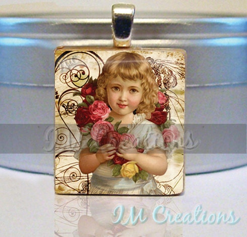 Scrabble tile pendant - Vintage Sweet Flower Girl (VIN120)