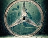 The Circle- industrial print of automobile logo, in soft yellow and light turquoise blue, 8x10" (20x25cm)