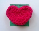 honeysuckle pink crochet heart pin - soft and fuzzy hot pink crocheted heart brooch - mother's day gift - perfect party or wedding favors