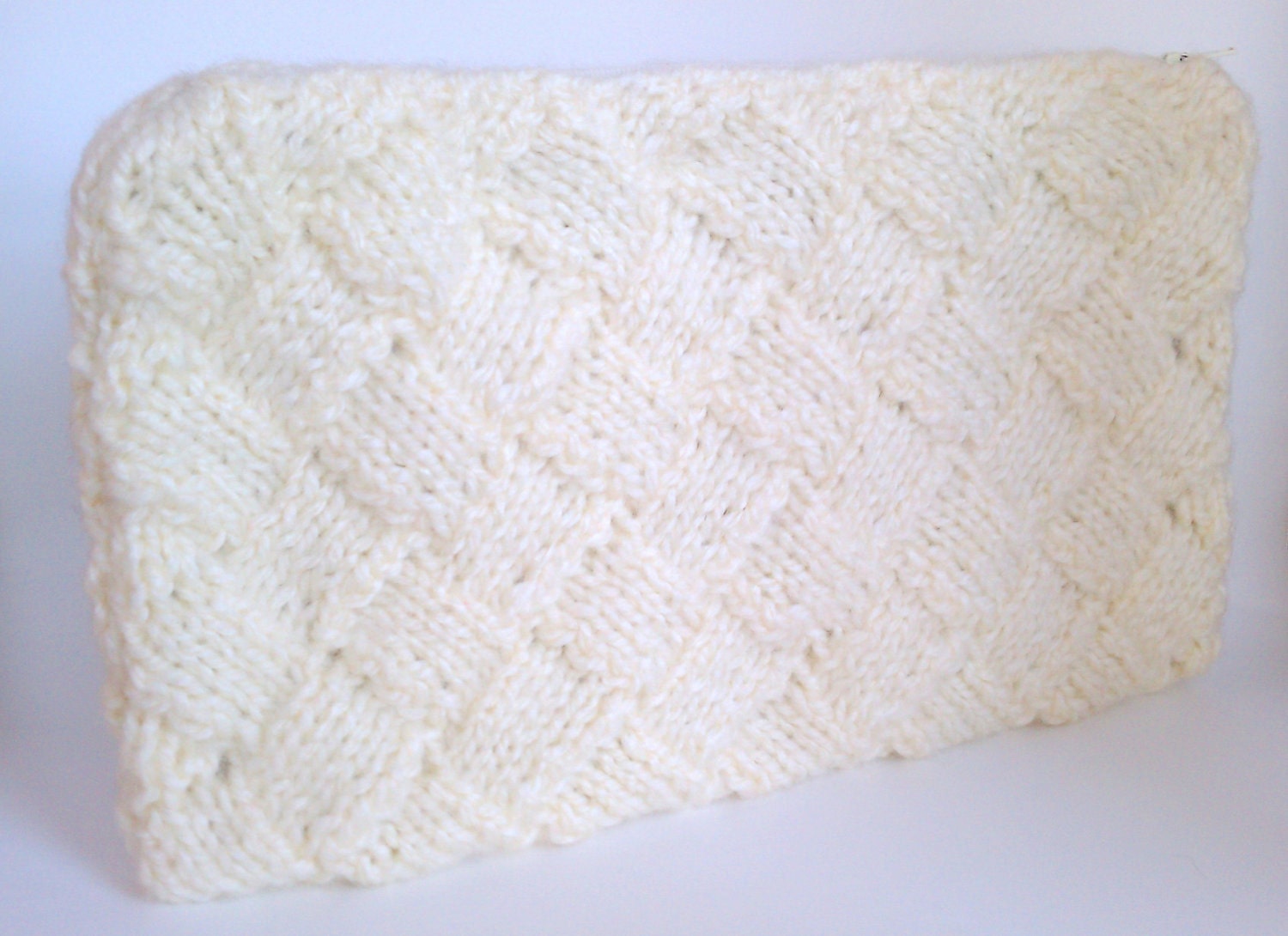 handknit quilted clutch purse in cream - designer-inspired entrelac woven-look off white zipper pouch fully lined in cotton woodland print