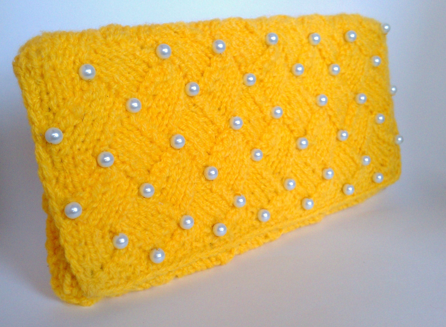 handknit quilted clutch in yellow w/ pearls - designer-inspired entrelac beaded woven-look envelope clutch embellished w/ faux glass pearls