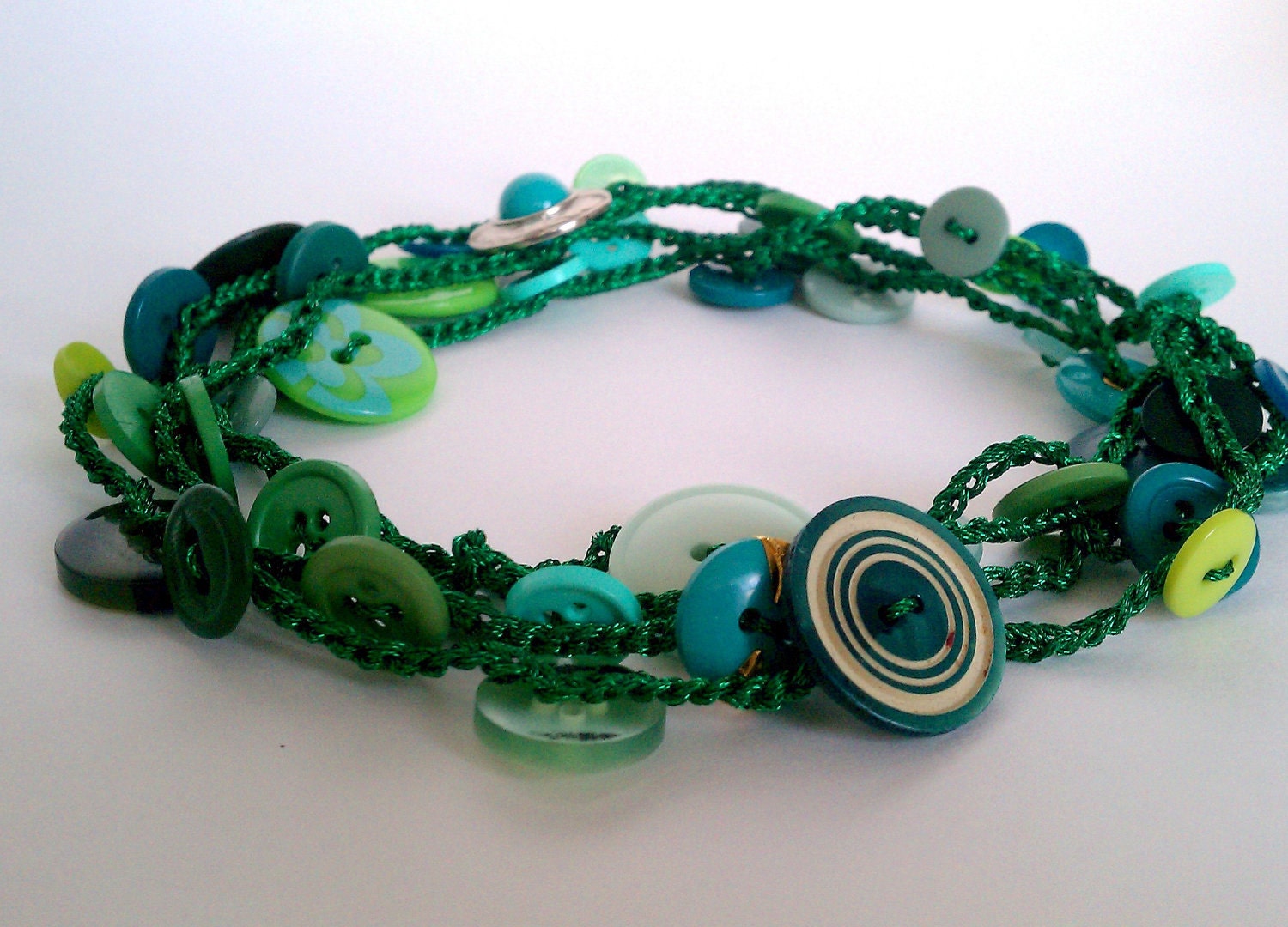 hand crocheted metallic button necklace or wrap bracelet - unique stretchy long grass green crochet chain with vintage and new buttons