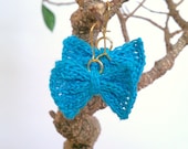 handknit little bow earrings in blue - cute and girly dangly turquoise/aqua fishhook knitted cotton bowtie earrings