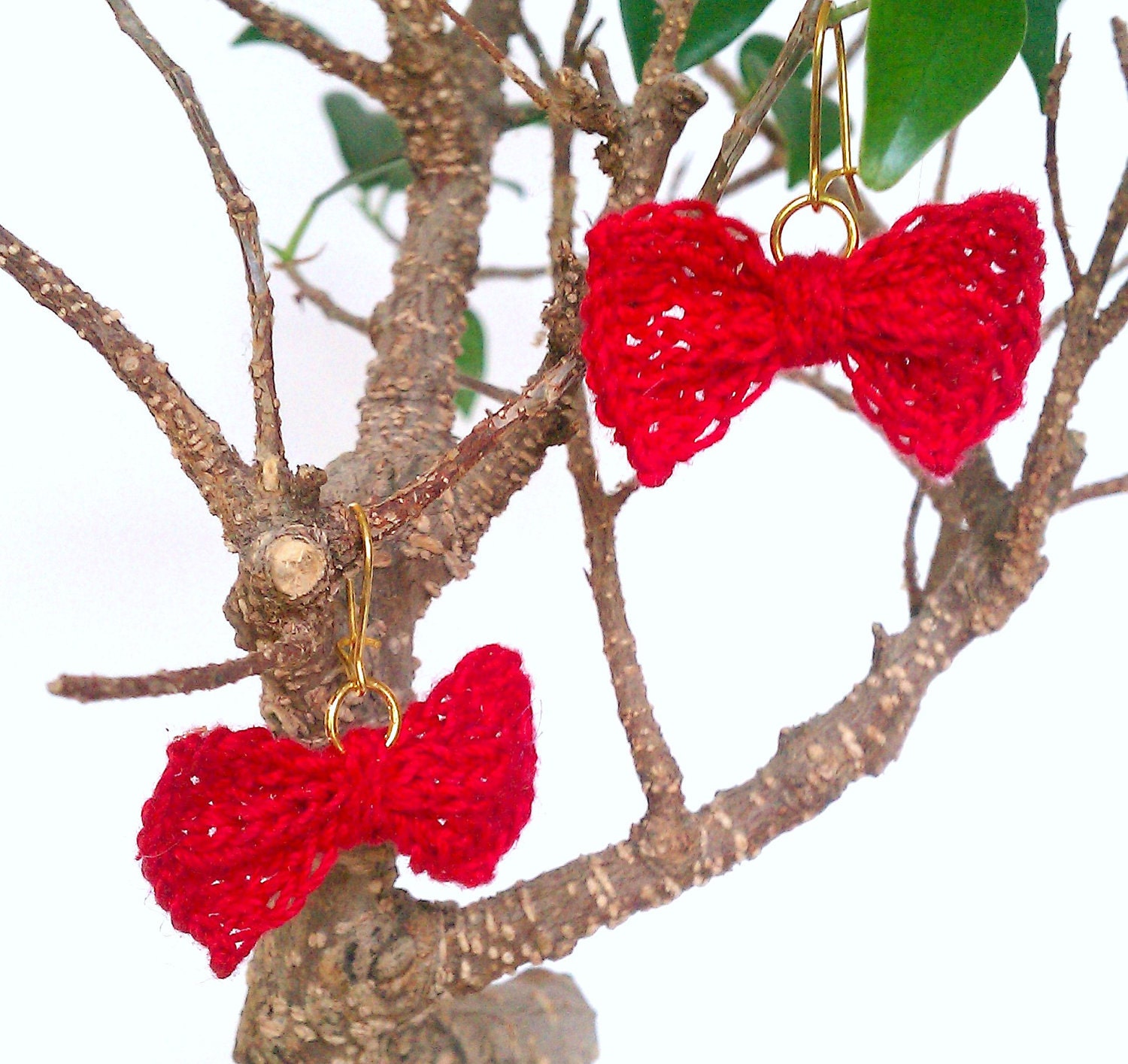handknit little bow earrings in red - cute and girly dangly bright crimson fishhook knitted cotton bowtie earrings