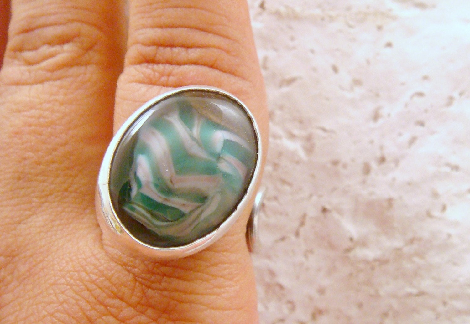 Lampwork Silver Ring in Green Purple Color