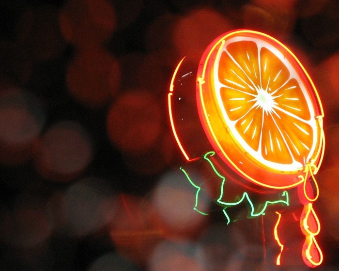 Kitchen decor food photo orange art neon sign pumpkin vintage diner rain drops urban citrus - Orange Rain 8x10