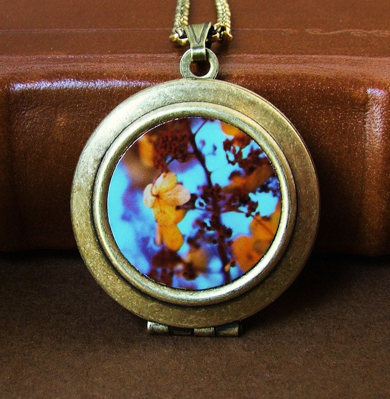 Photo Art Locket Necklace Winter Glow rusty red orange brown hydrangea metallic blue background fine art flower nature photo