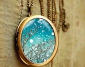 Photo locket trees falling snow blue sky winter photography - Fine Art Photo pendant Necklace - Grande Edition for nature lovers