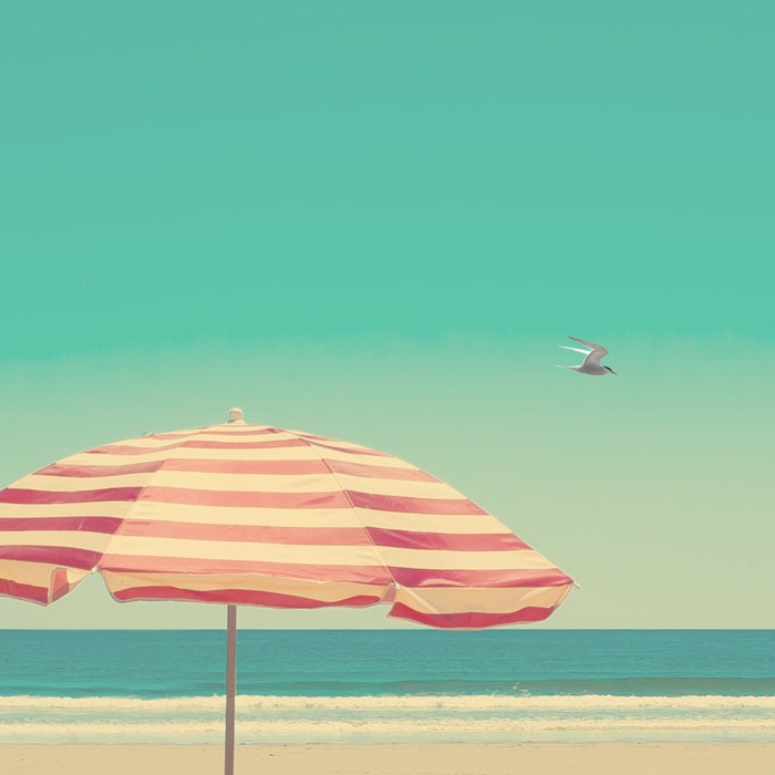 30% OFF Beach umbrealla red and white stripes coastal art seabird blue horizon ocean photography turquoise sky relax meditation room