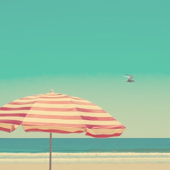Beach umbrealla red and white stripes coastal art seabird blue horizon ocean photography turquoise sky relax meditation room