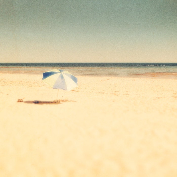 Beach umbrella nautical print sand beige summer trends seaside ocean waves pale blue horizon chilling Travel Photo
