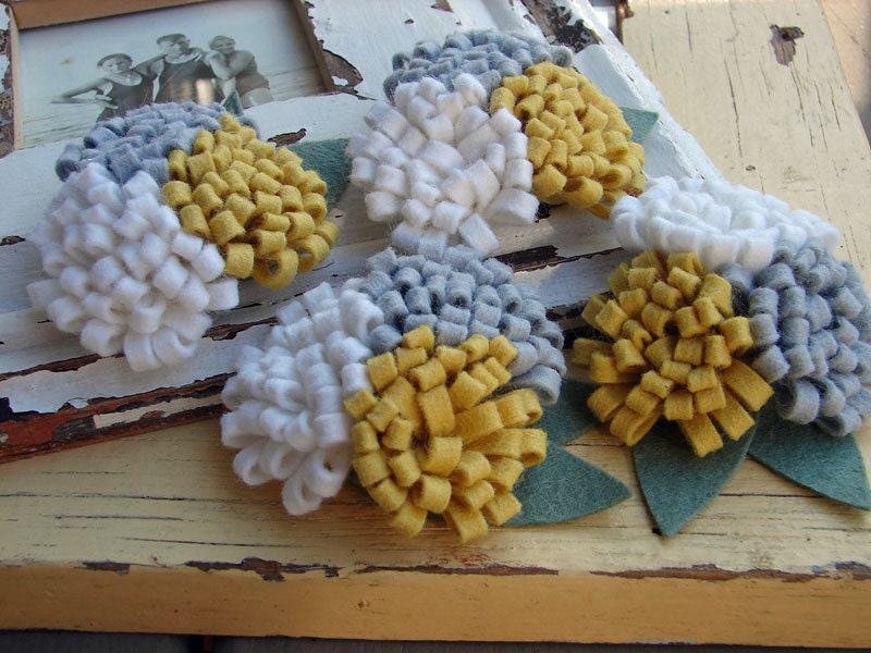 Wool Felt Flower - Yellow & Grey Collection Pom Pom Trio Flowers - Dimensional Wool Felt Flowers