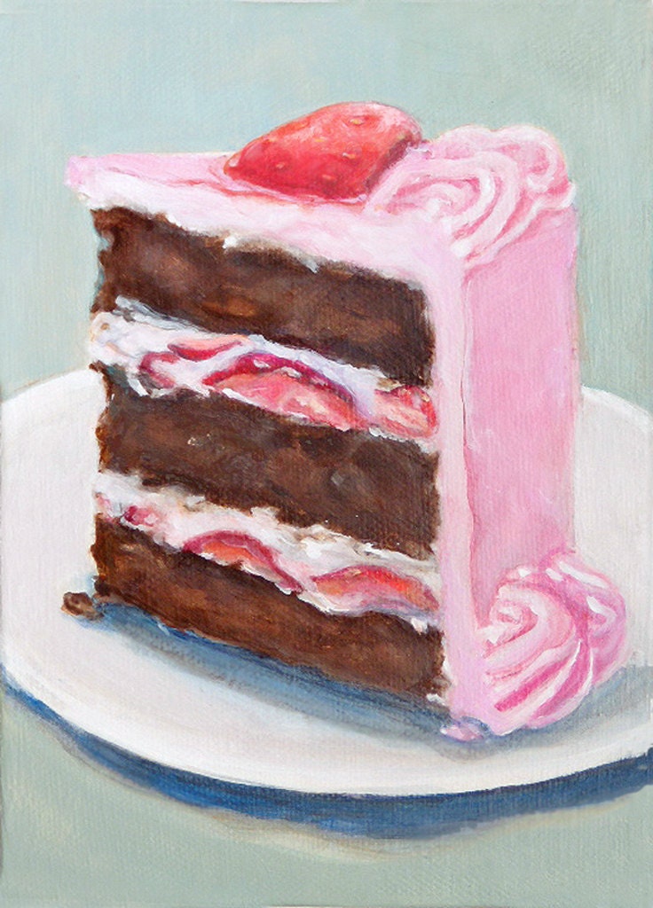 Slice Of Chocolate Cake With Pink Frosting Original Painting Still Life Home Wall Decor Food Painting