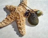 Sea Glass Necklace -Forest Green Seaglass, Coin Pearl Starfish Charm -Sterling Silver Jewelry