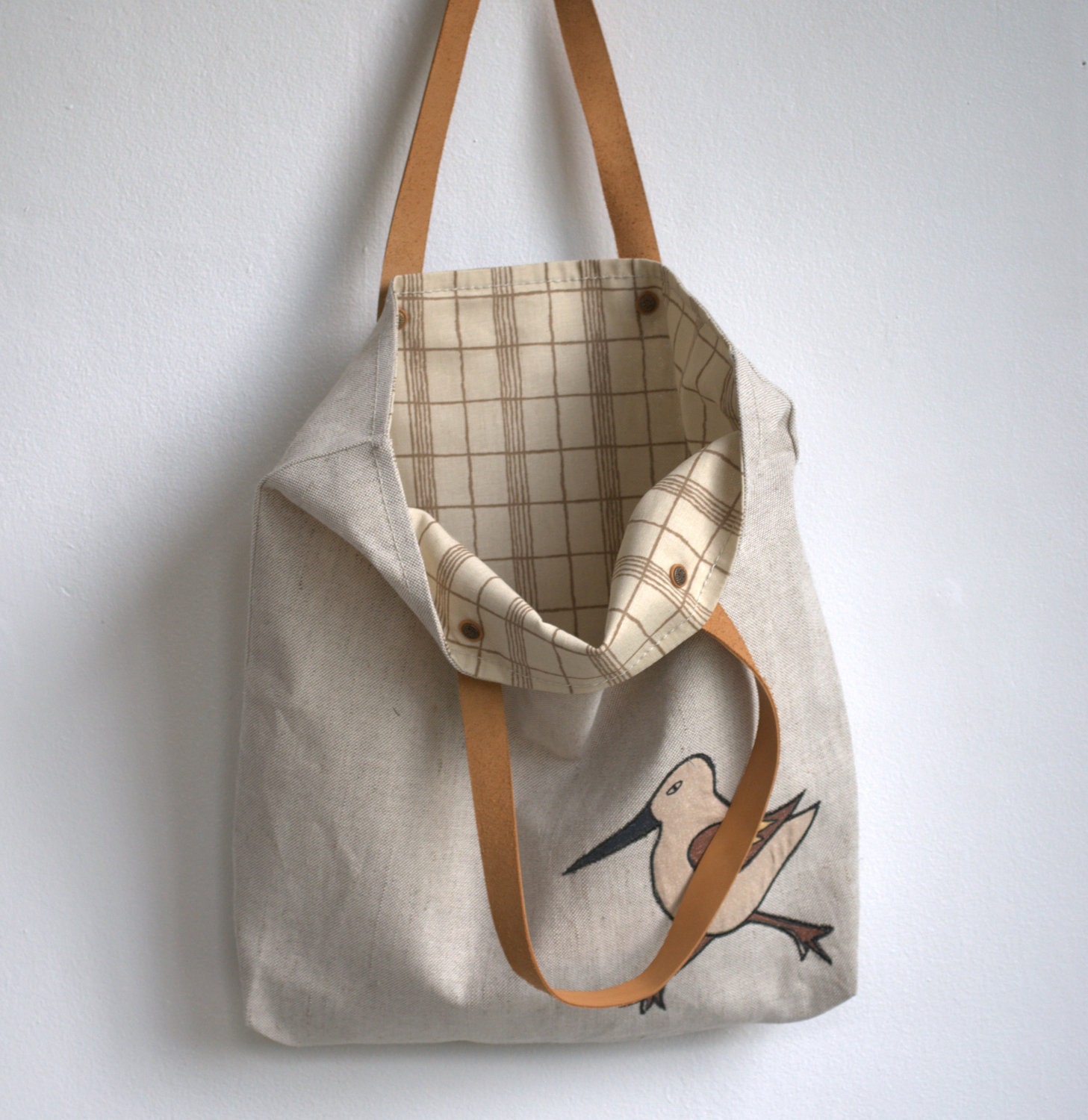 Tote bag book bag everywhere natural linen with leather handles with applique bird 14"x 15" - DonataFelt