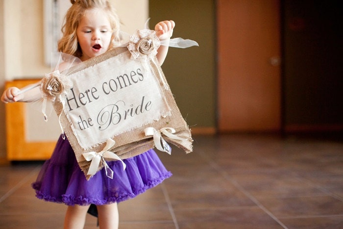 Double sided 'Here comes the bride' 'And they lived happily ever after' burlap sign/banner, for flower girl or ring bearer