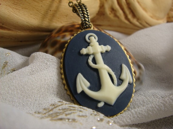 Navy Anchor Cameo Necklace