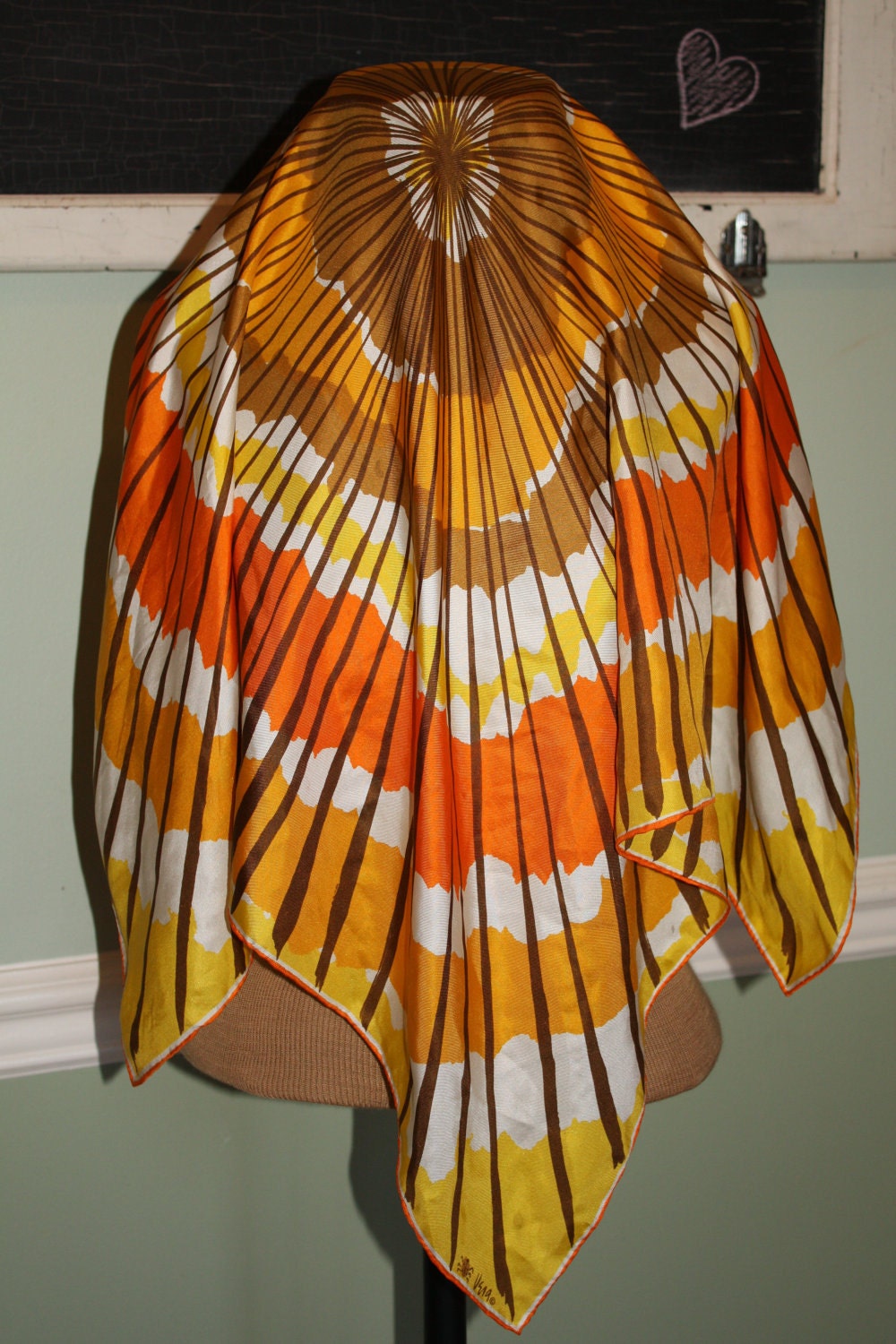 Vintage Vera Neumann Silk Scarf - 30X30 - Geometric Graphic Pattern - Brown - Orange - Gold - White - Yellow