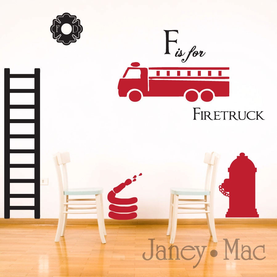 Kids Wall Decal Firefighter Set - Childrens - Boy Bedroom - Fire Truck Fire Hydrant Fire Hose Emblem Ladder - CB102