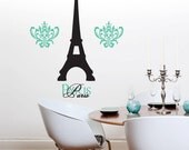 Paris France Eiffel Tower Wall Decal set with Damasks - Wording Script French - Home, Kitchen, Teen, Dorm Vinyl Wall Art Sticker - TC104A