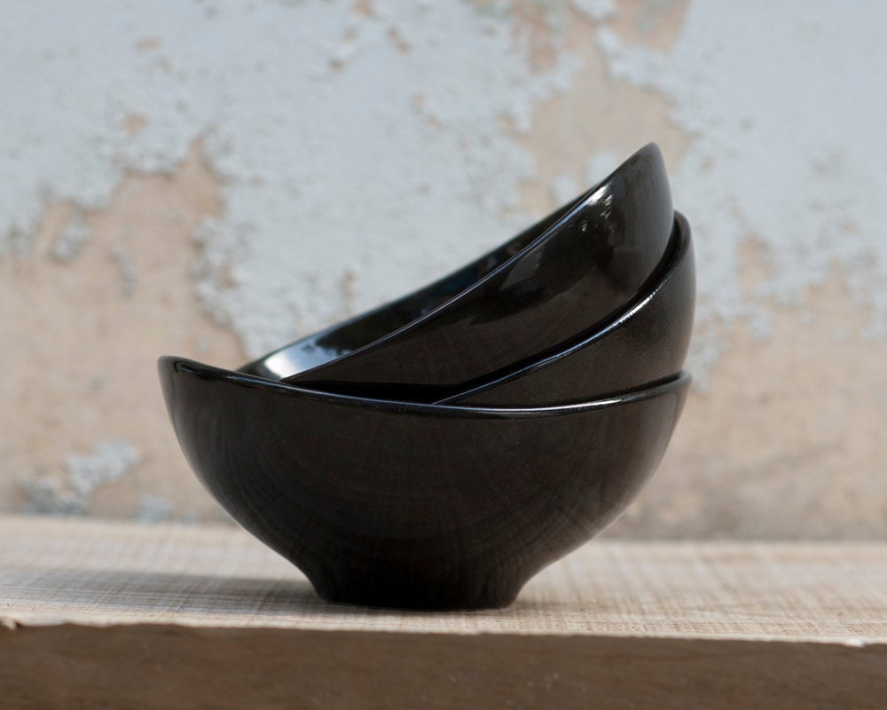 Three Black Porcelain Bowls. For soup, cereal or personal salad. Modern ceramic design. Designed by Wapa Studio.