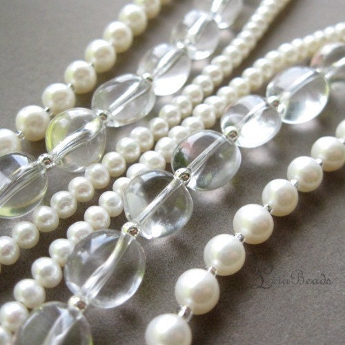 Three strand layered freshwater pearl and gemstone necklace with Quartz nuggets and sterling silver