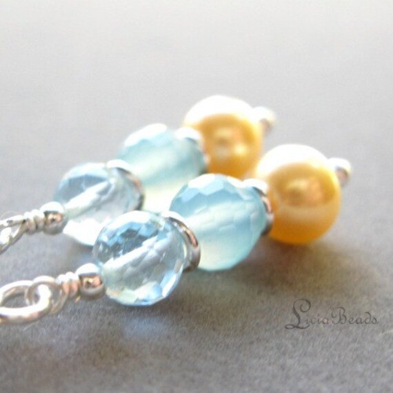 Beachfront summer - Blue Topaz, Chalcedony and freshwater pearl earrings