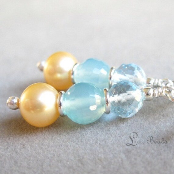 Beachfront summer - Blue Topaz, Chalcedony and freshwater pearl earrings