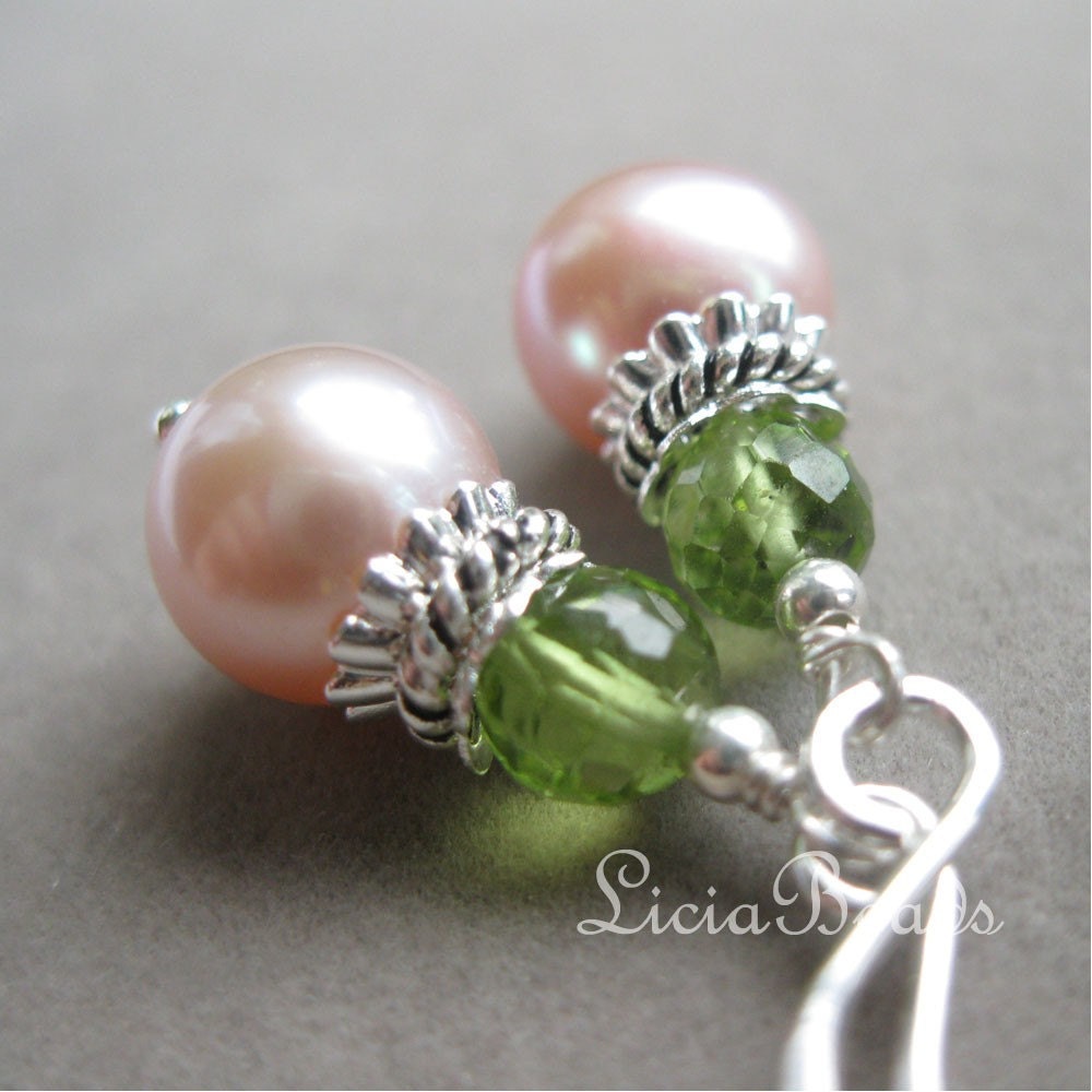 Duets - Peridot, freshwater pearl and sterling silver earrings