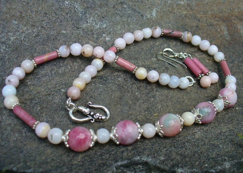 Necklace -  Jade, Opal, Sterling Silver and Rhodonite and Earring Set