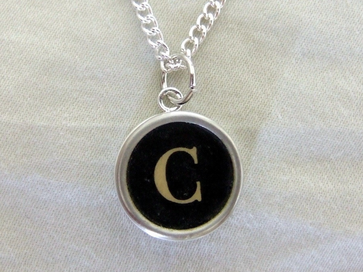Women's Initial Letter C Typewriter Key Charm Pendant and Necklace - Black or White Keys Available - Jewelry Box