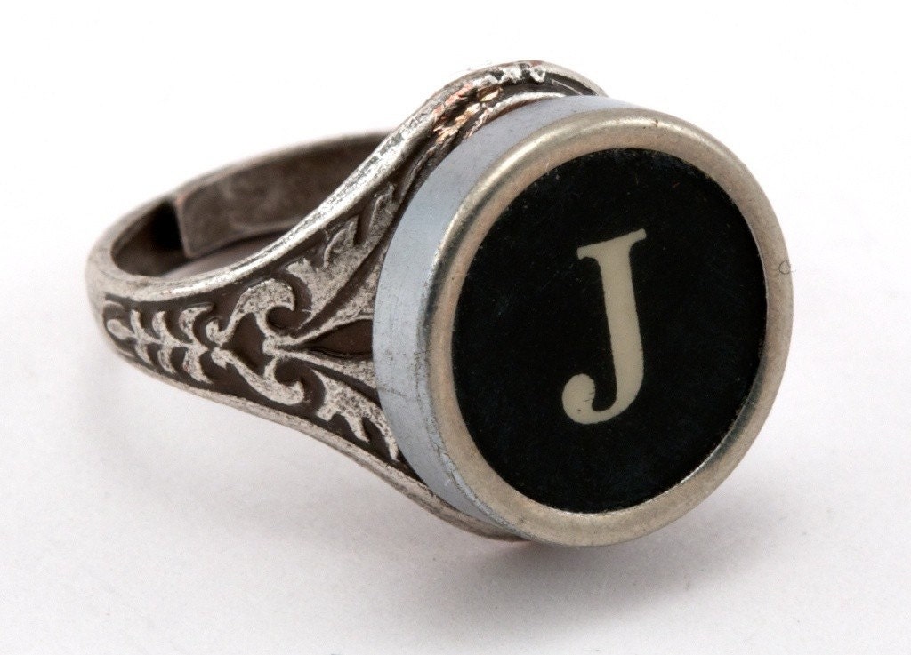 Initial Letter J Antique Typewriter Oak Leaf Ring - Black or White Keys - Fully Adjustable - Jewelry Box