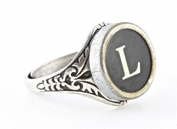 Typewriter Key Ring - Initial Letter L - Vintage Black or White Keys - Fully Adjustable